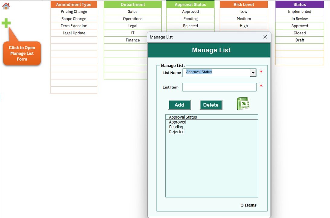 Client Contract Amendment Tracker in Excel - List Sheet