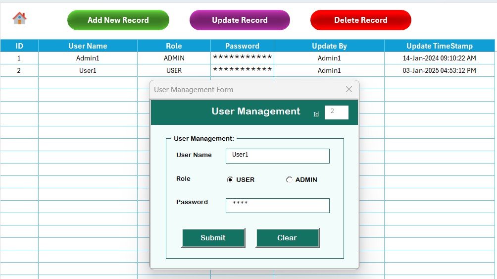 Client Contract Amendment Tracker in Excel - User Management Sheet