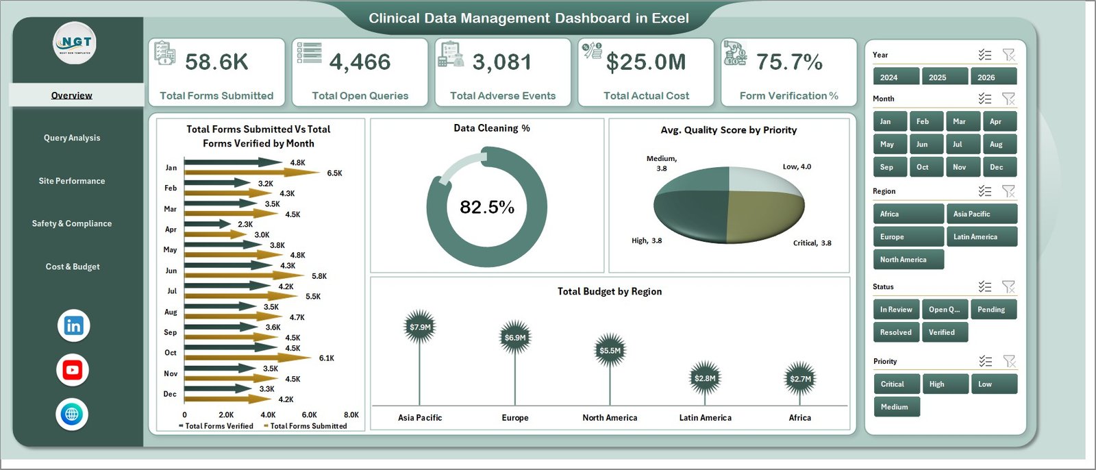 Clinical Data Management Dashboard in Excel - Overview Page