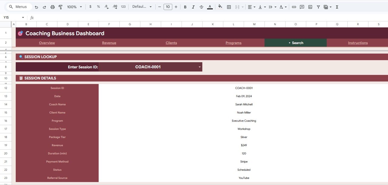 Coaching Business Dashboard in Google Sheets - Search Sheet