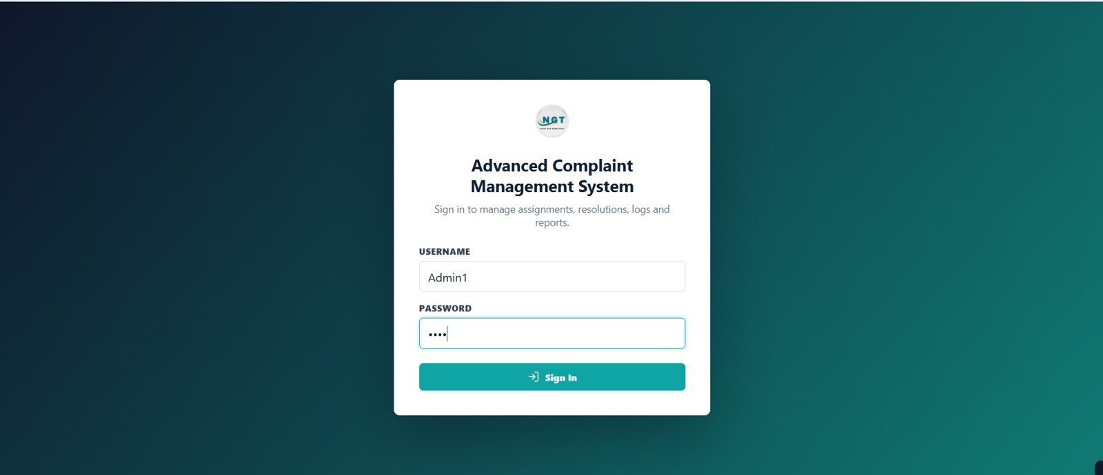 Complaint Management System Web App login page