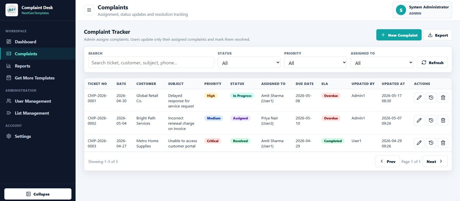 Complaint Management System complaint tracker page