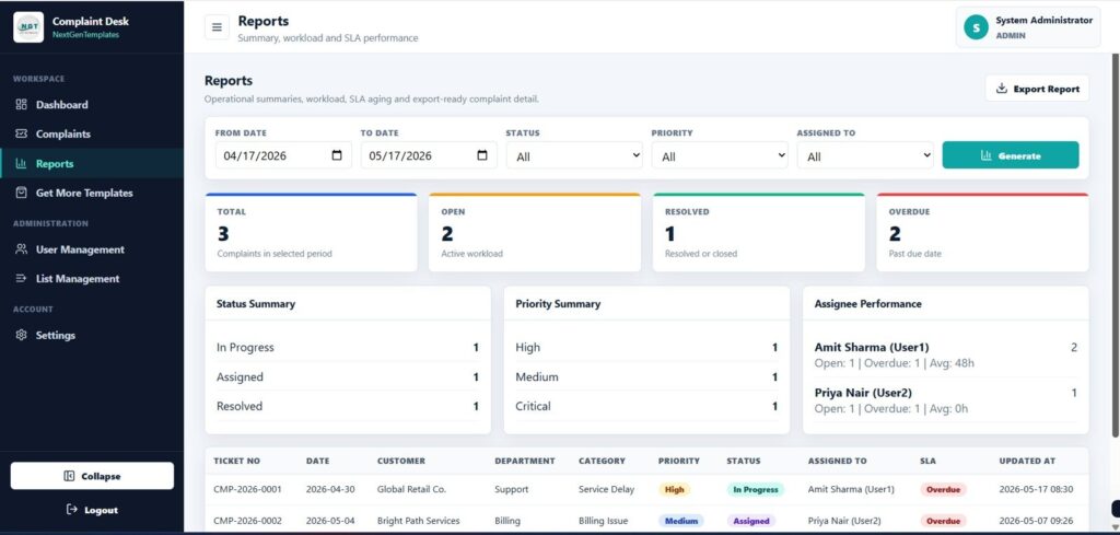 Complaint Management System: Web App Version - Next Gen Templates