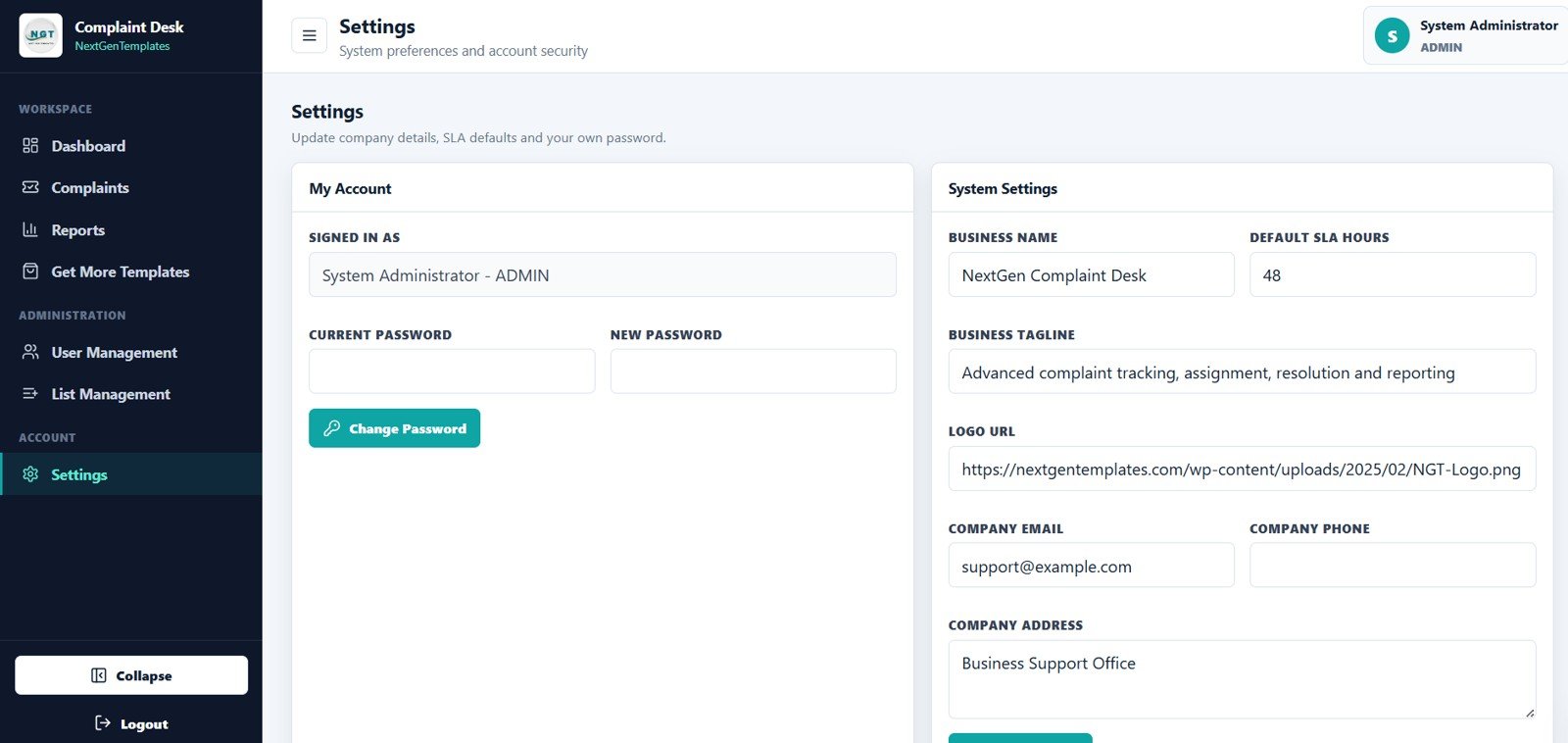 Complaint Management System settings page