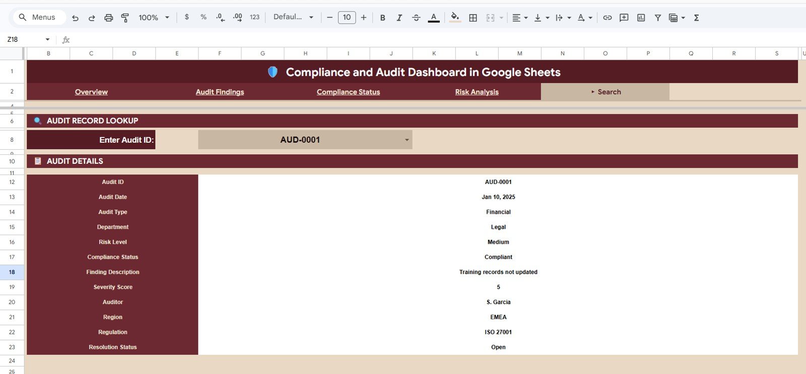 Compliance and Audit Dashboard in Google Sheets - Search Sheet tab