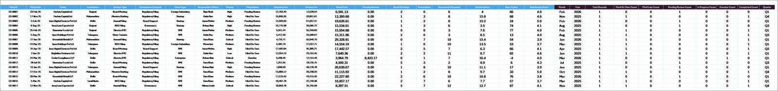Data Sheet tab in Corporate Secretarial Dashboard in Excel