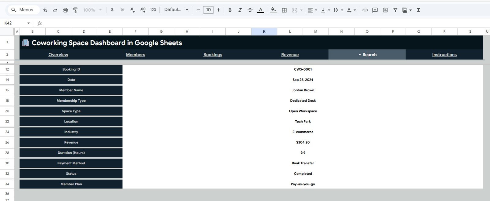 Coworking Space Dashboard in Google Sheets search sheet tab