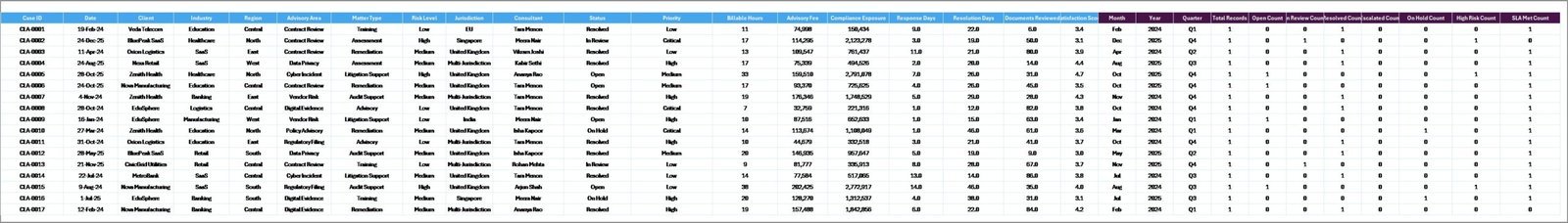 Cyber Law Advisory Dashboard in Excel data sheet tab