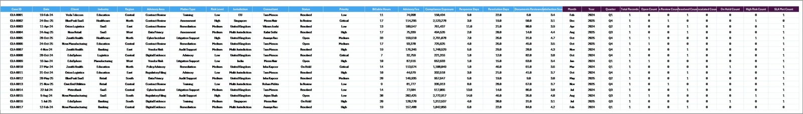 Cyber Law Advisory Dashboard in Excel - Data Sheet Tab