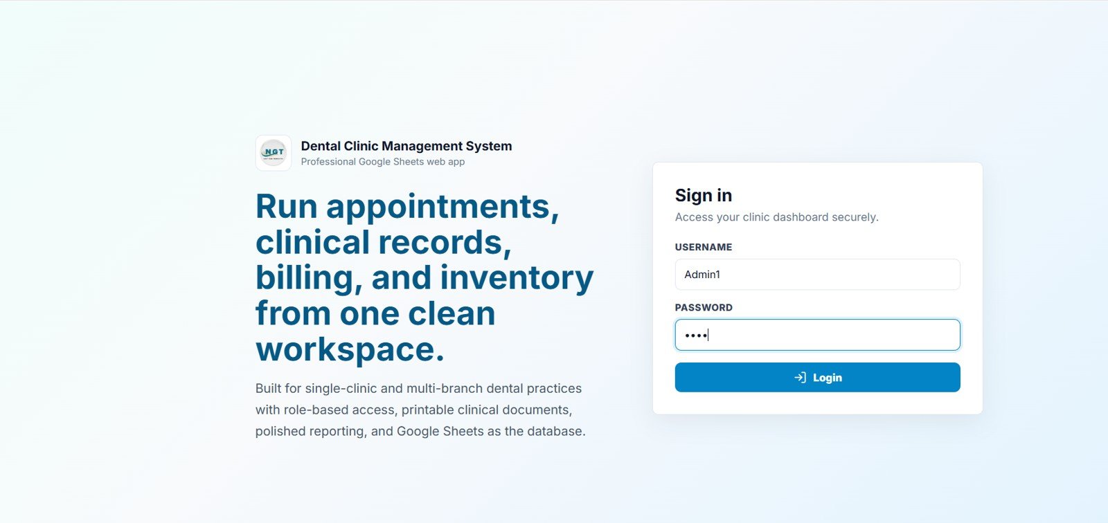 Dental Clinic Management System login page