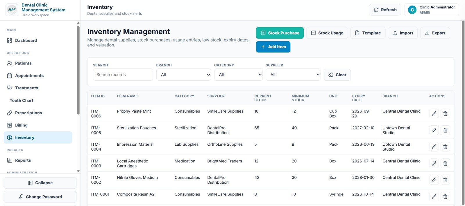 Dental Clinic Management System inventory page