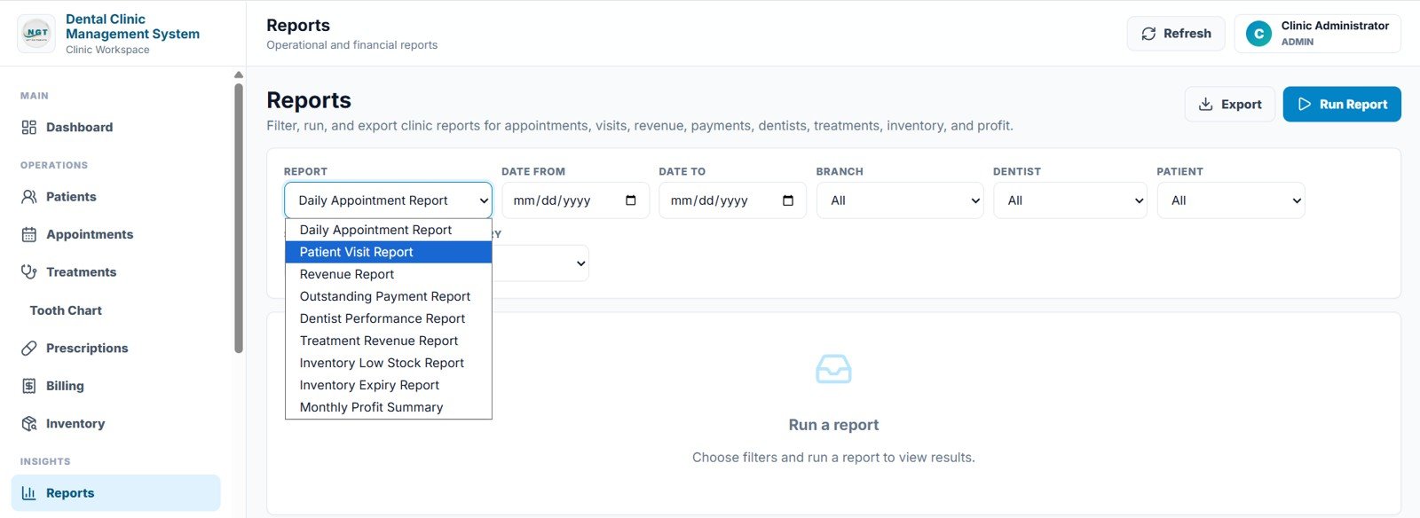 Dental Clinic Management System reports page