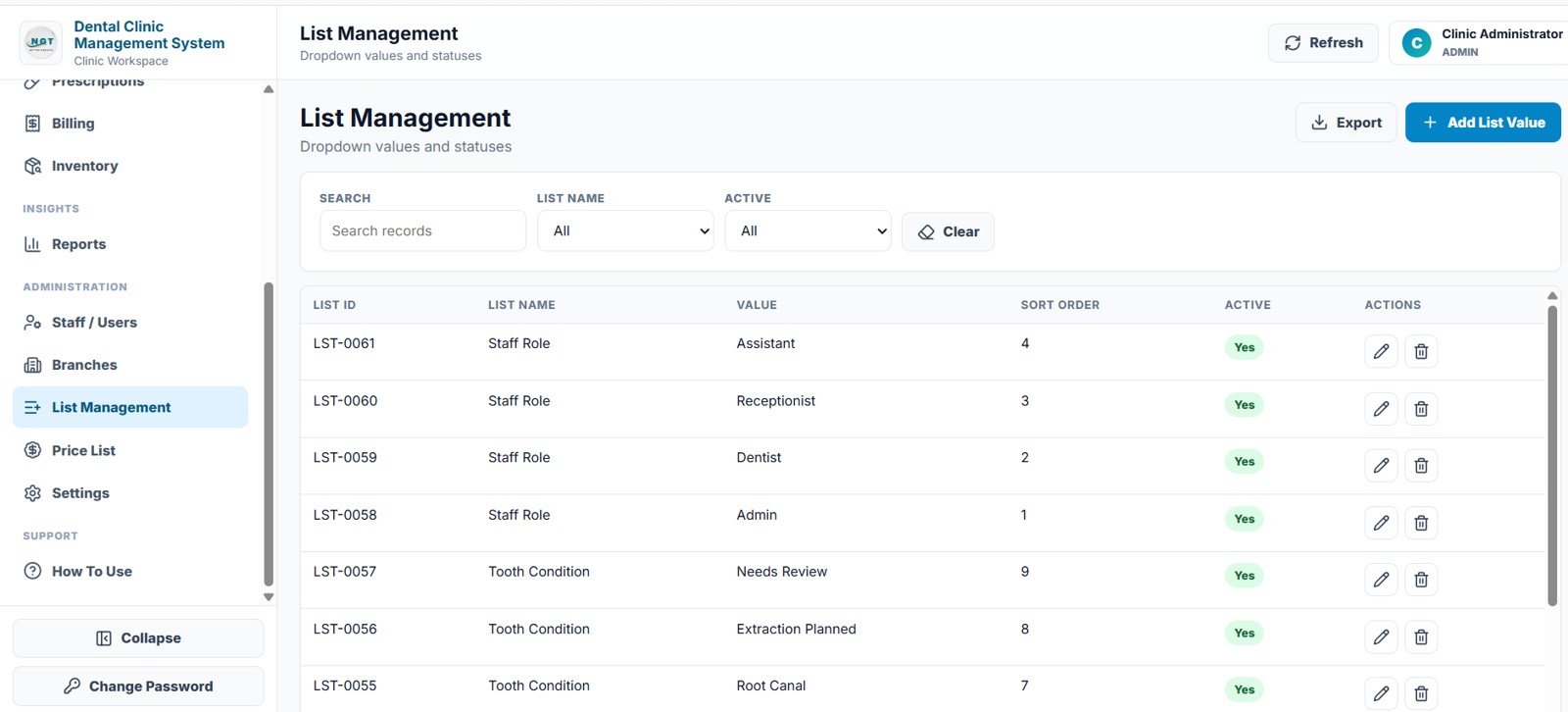 Dental Clinic Management System list management page