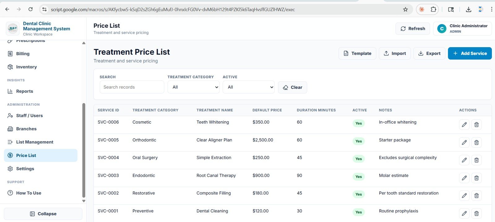 Dental Clinic Management System price list page