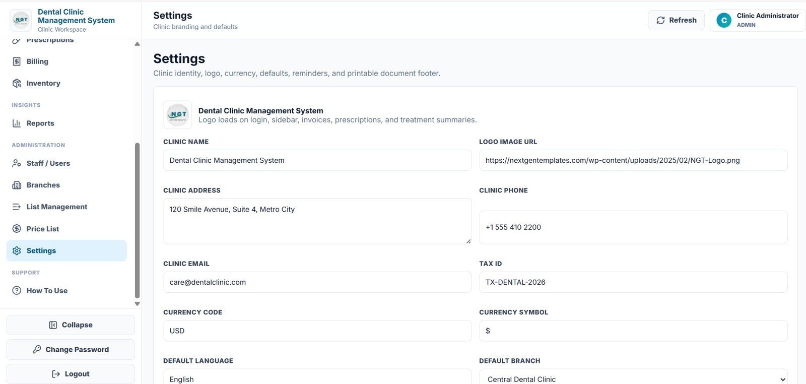 Dental Clinic Management System settings page