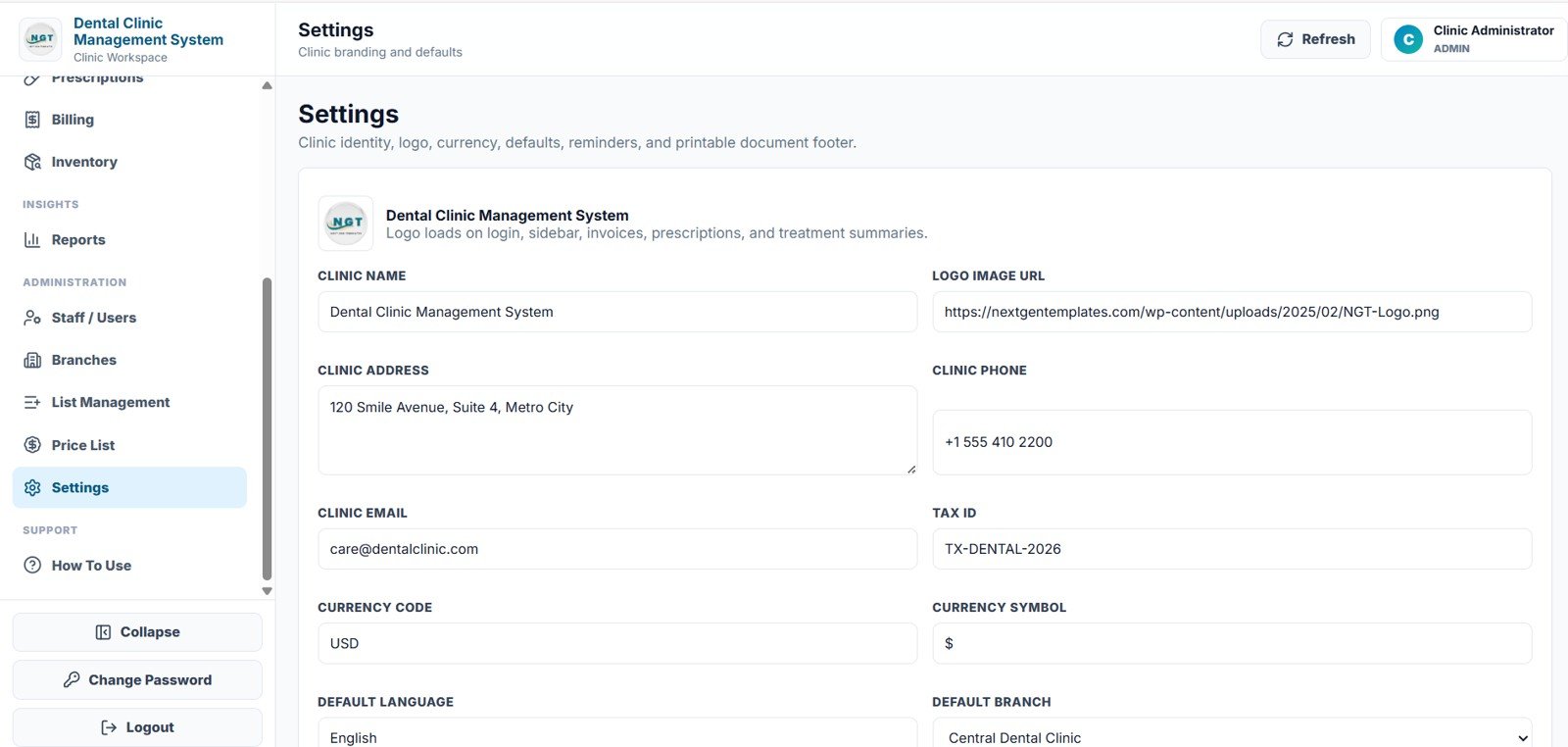 Dental Clinic Management System settings page
