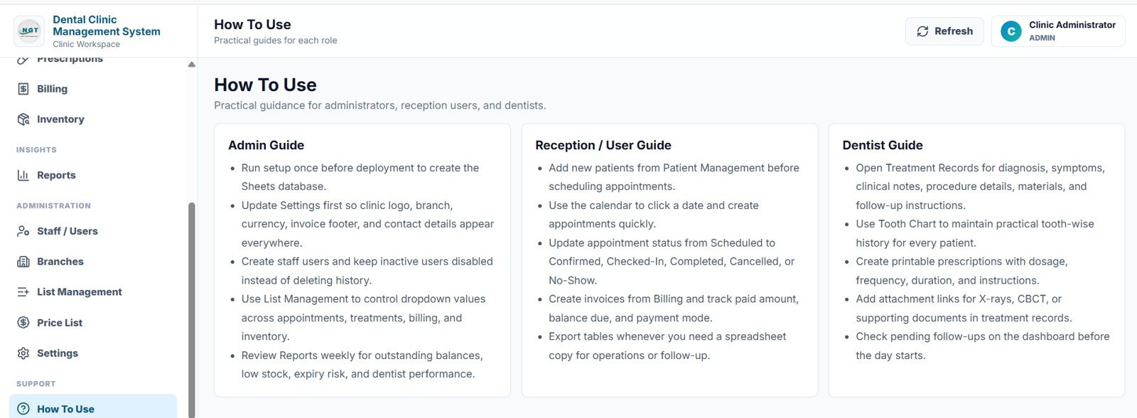 Dental Clinic Management System how to use page