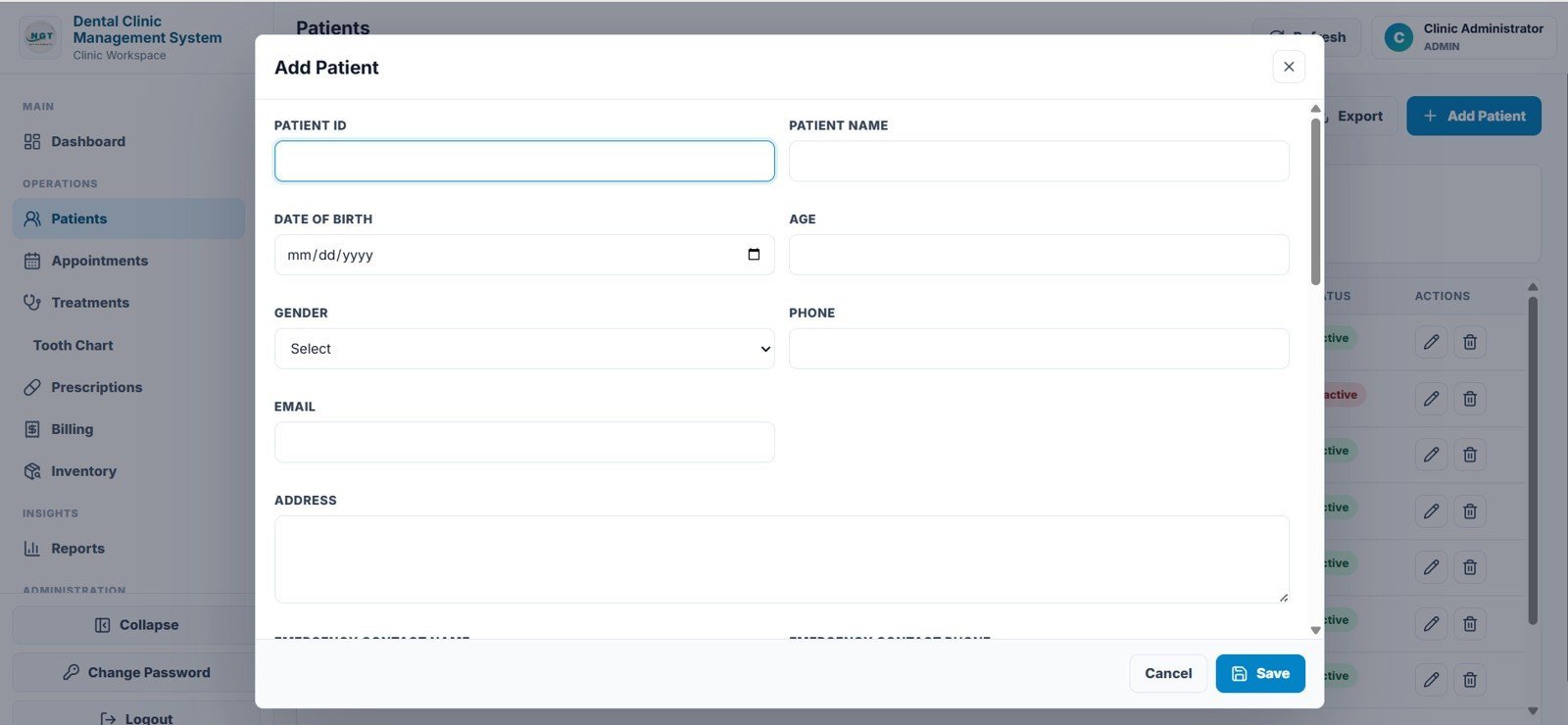 Dental Clinic Management System patients page