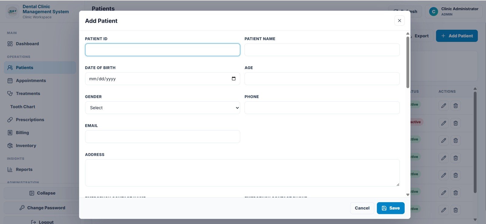 Dental Clinic Management System patient master page