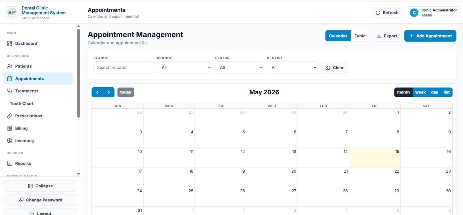 Dental Clinic Management System appointment calendar