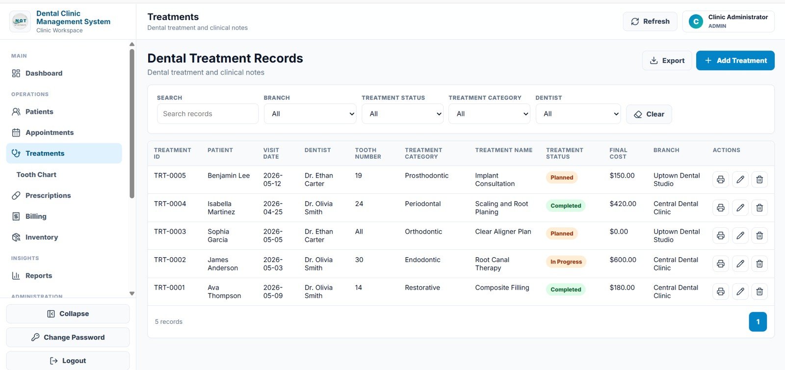 Dental Clinic Management System treatment records page