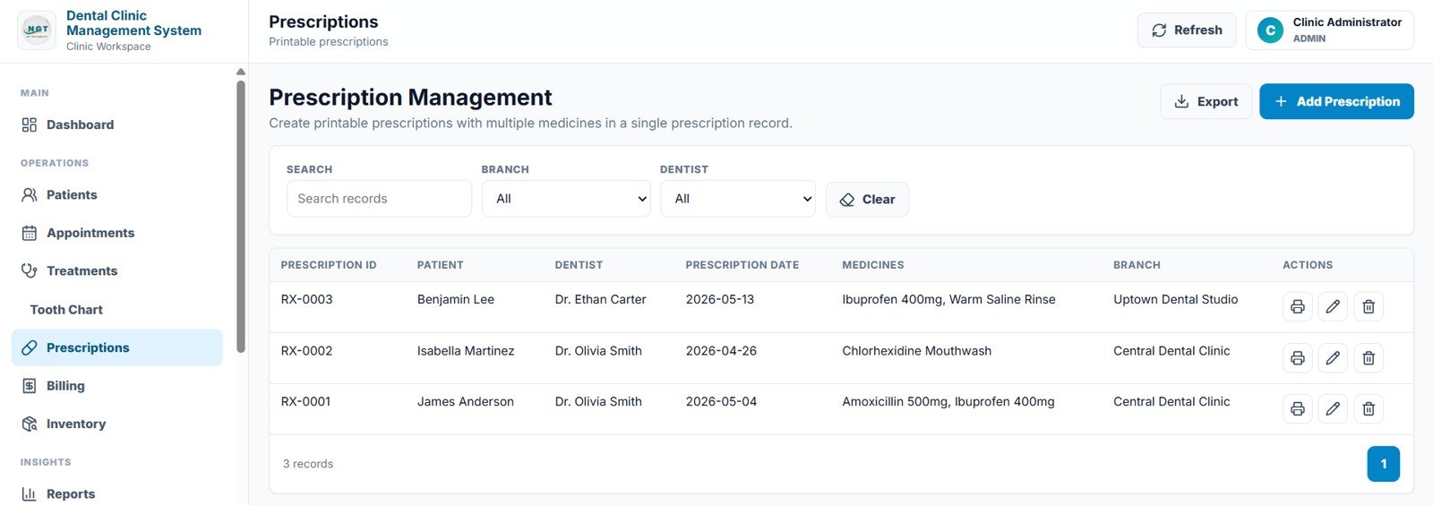 Dental Clinic Management System prescriptions page