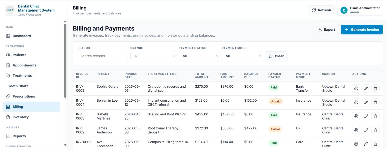 Dental Clinic Management System billing and payments page