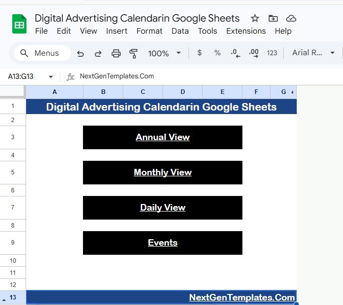 Digital Advertising Calendar in Google Sheets home sheet