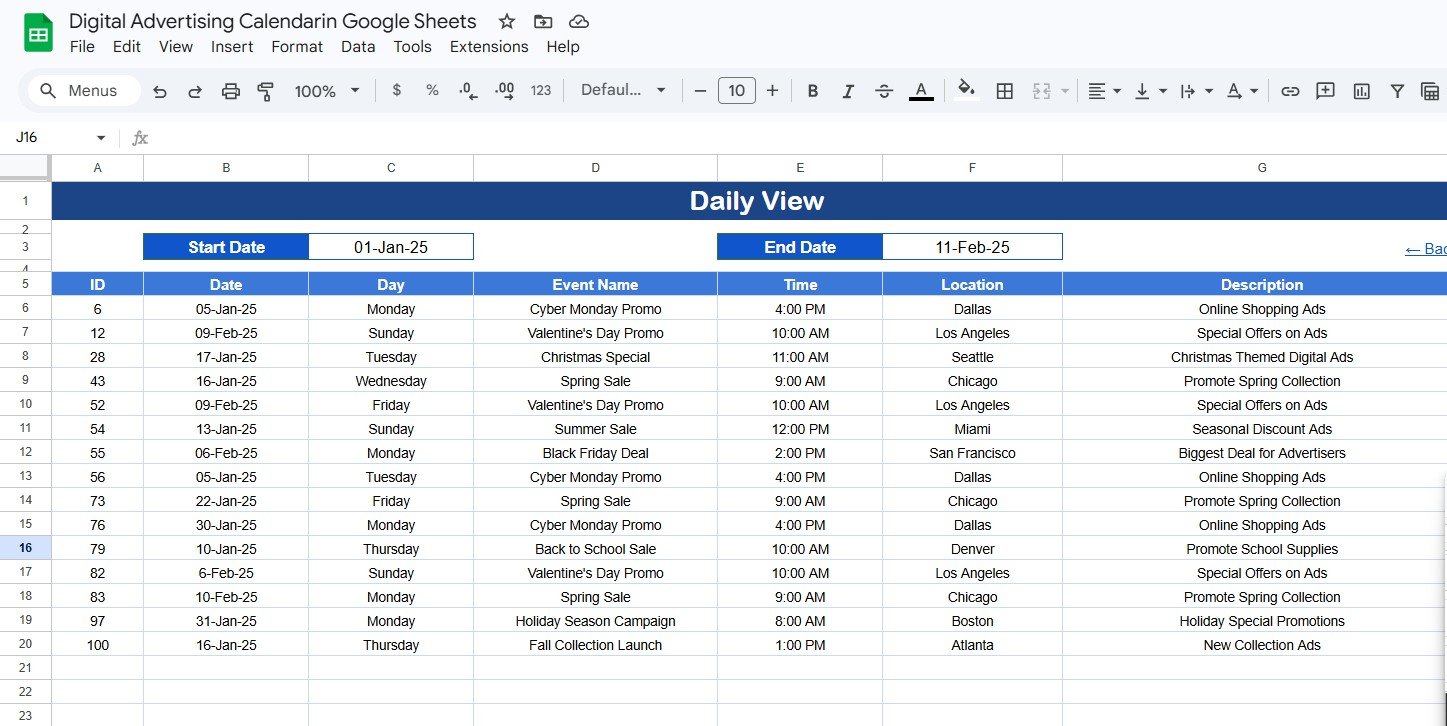 Digital Advertising Calendar in Google Sheets daily view sheet