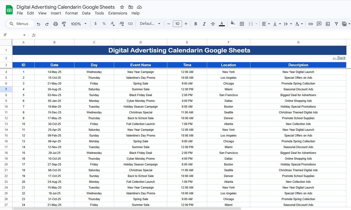 Digital Advertising Calendar in Google Sheets events database sheet