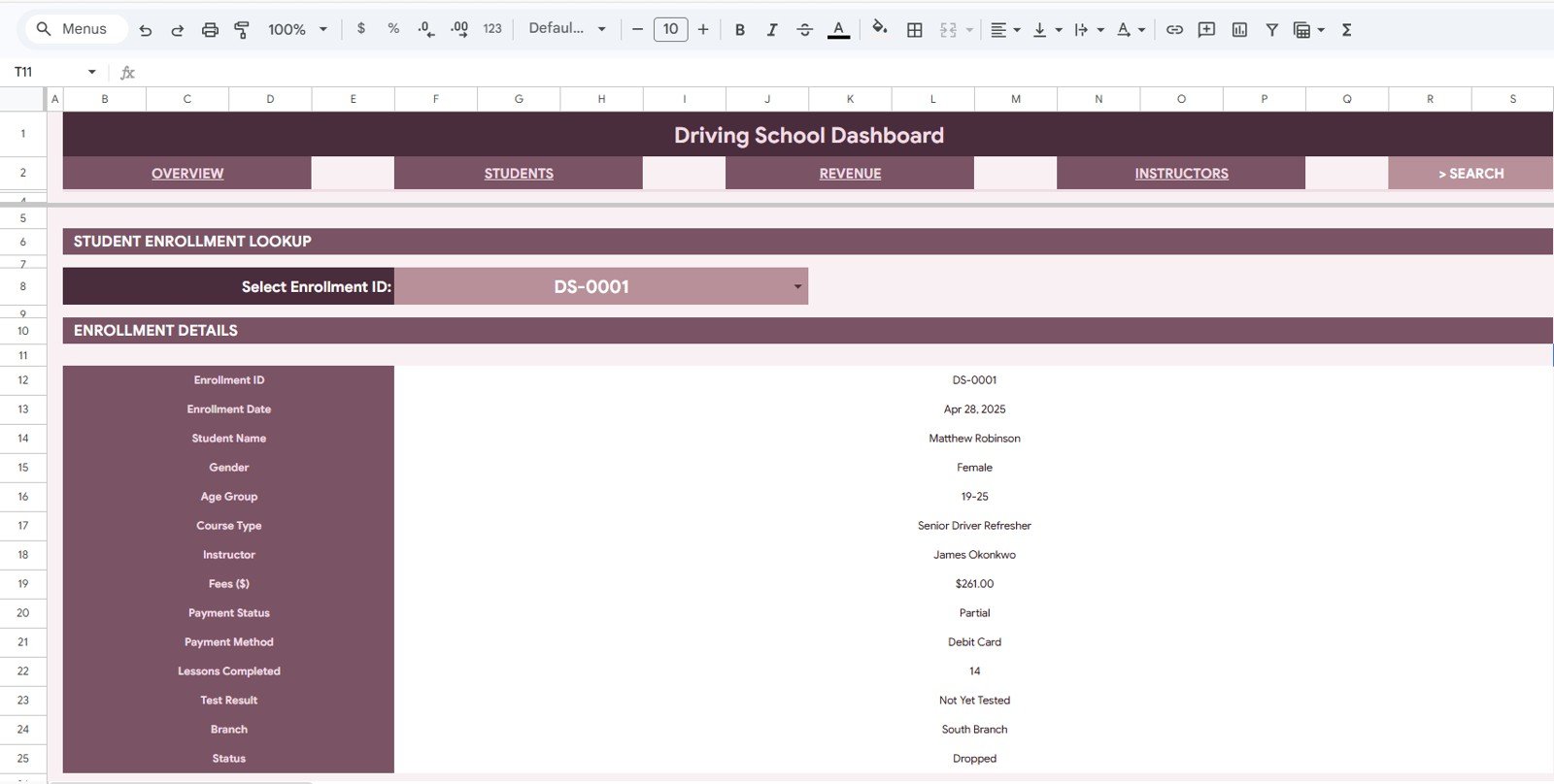 Search Sheet tab in the Driving School Dashboard in Google Sheets