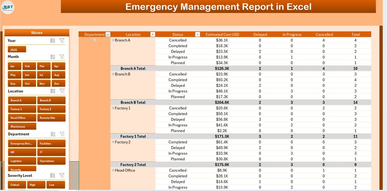 Emergency Management Report in Excel - Summary Page detail