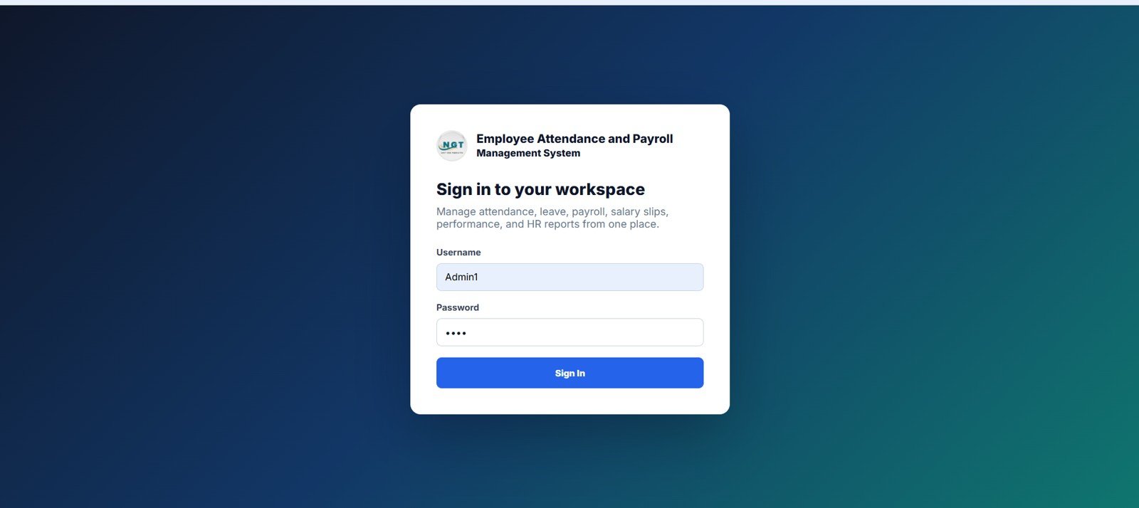 Employee Attendance Payroll Management System sign in page