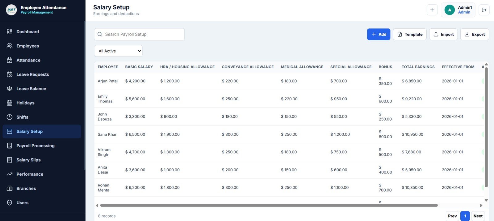 Salary setup page for payroll management system