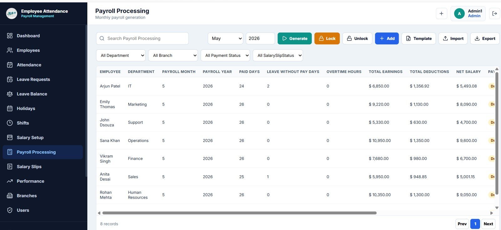 Employee Attendance Payroll Management System - Payroll Processing Page