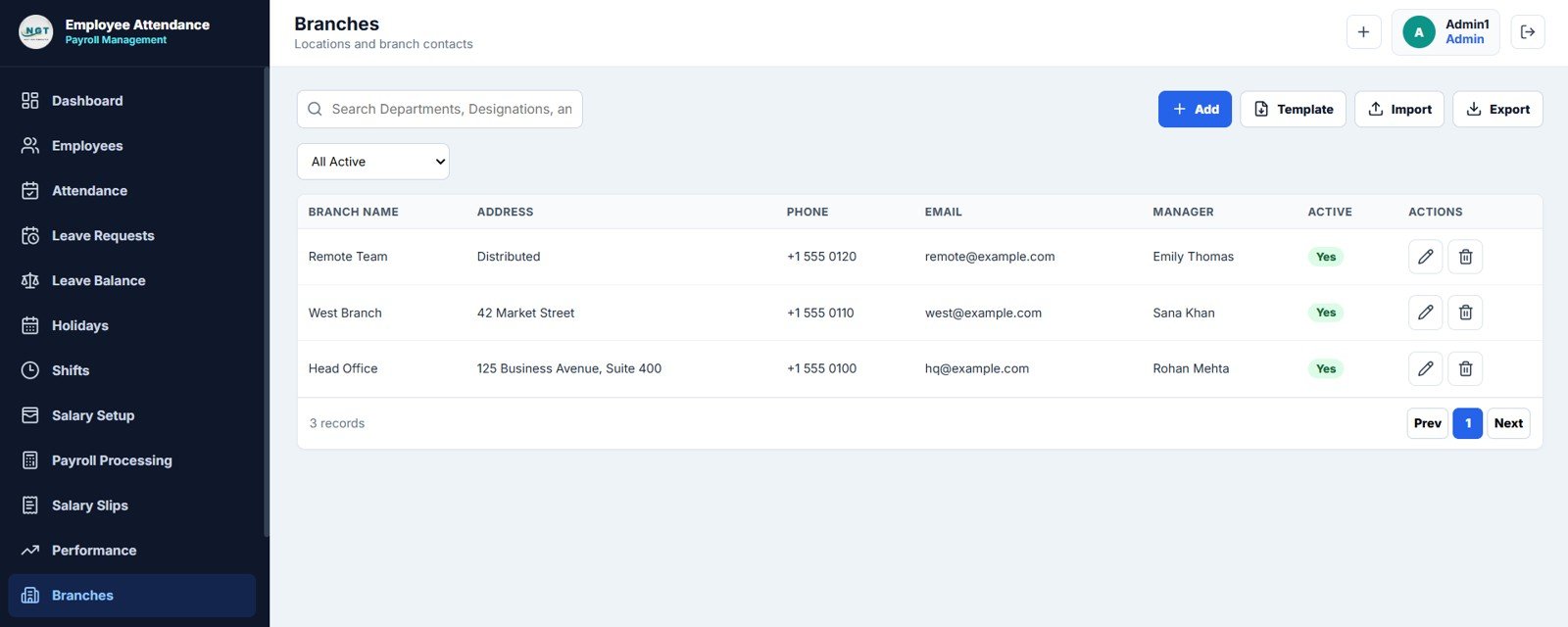 Branches page for workforce management system
