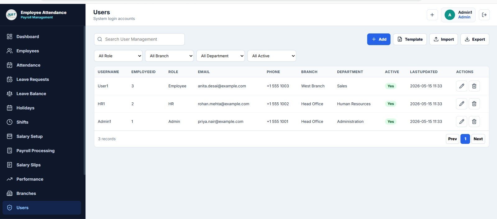 Employee Attendance Payroll Management System - Users Page