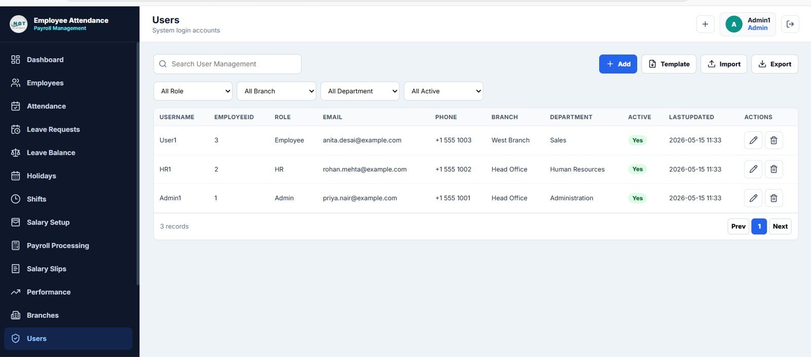 Users account management page for HR payroll system