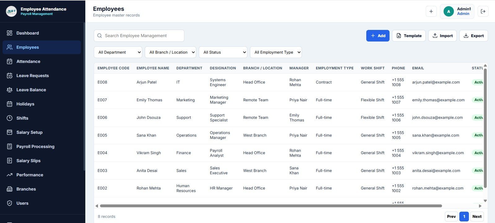 Employee Attendance Payroll Management System - Employees Page