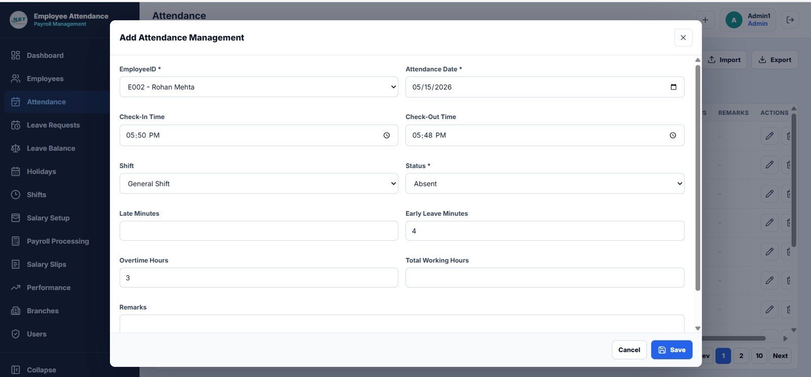 Employee Attendance Payroll Management System - Attendance Page