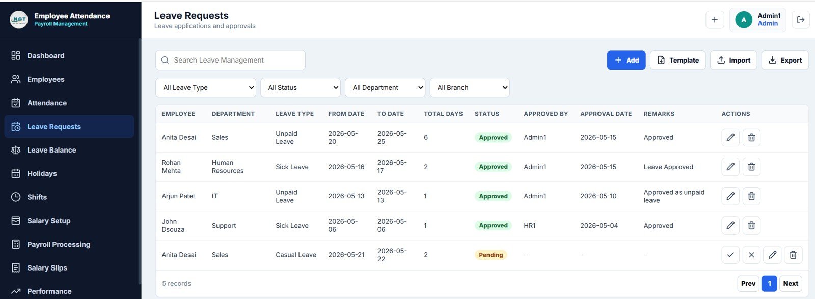 Leave requests approval page for HR management system