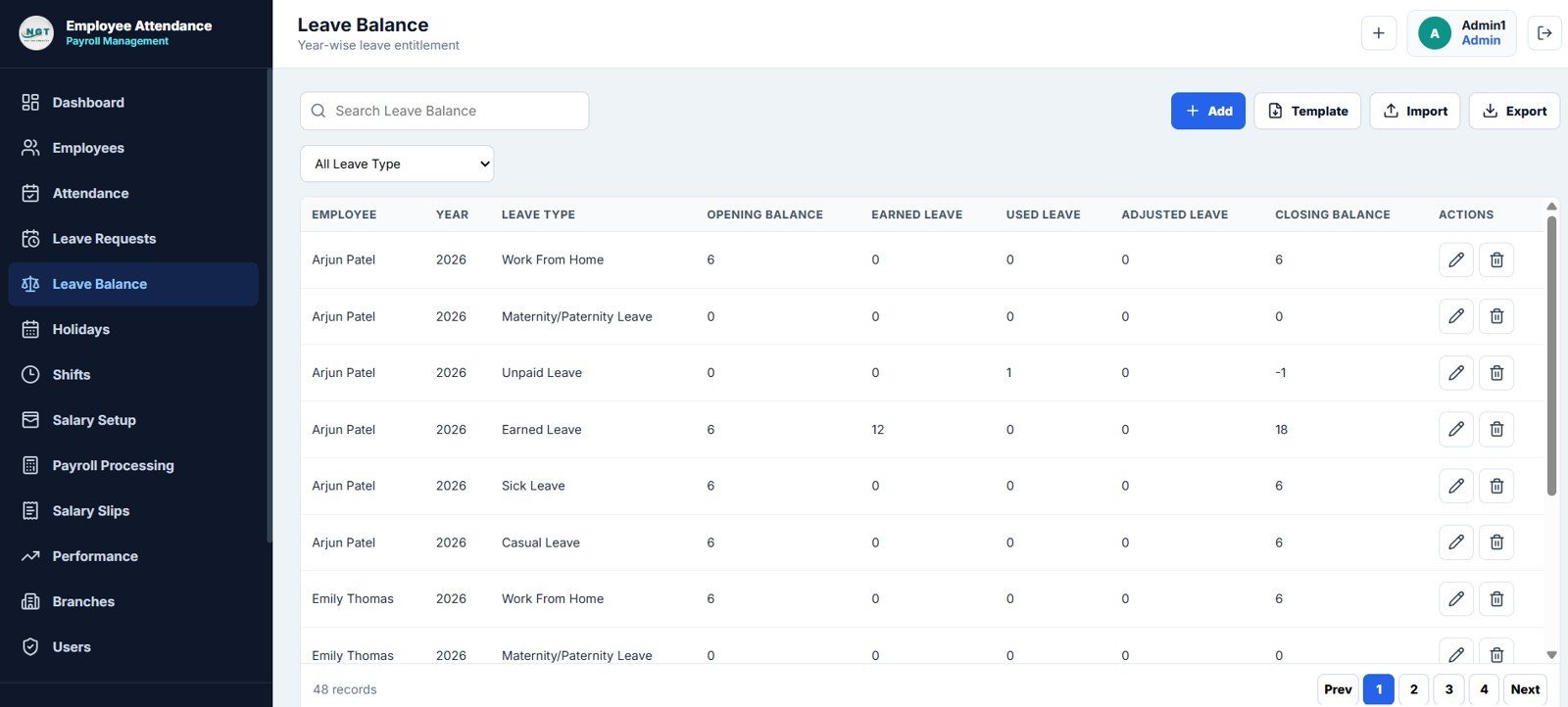 Employee Attendance Payroll Management System - Leave Balance Page