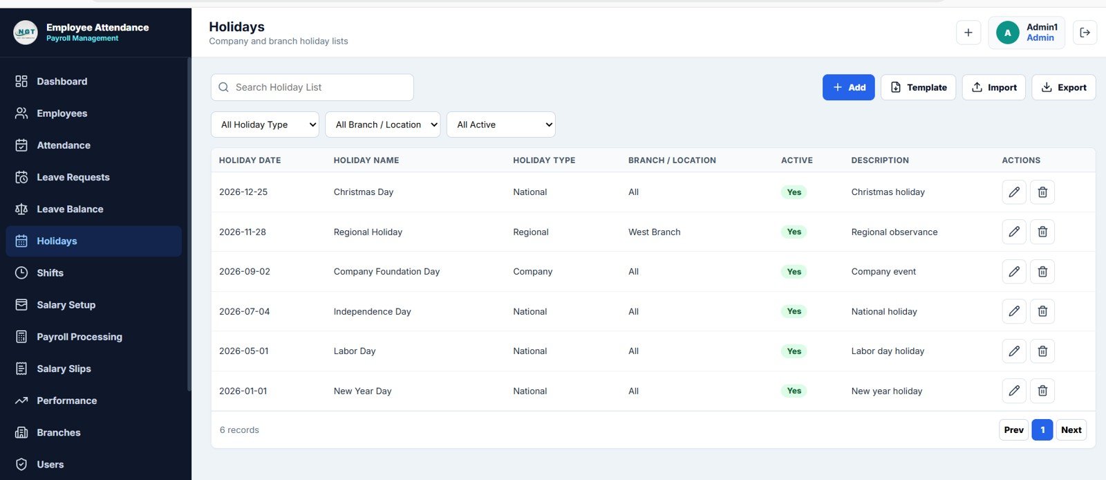 Holiday list page for payroll and attendance management system