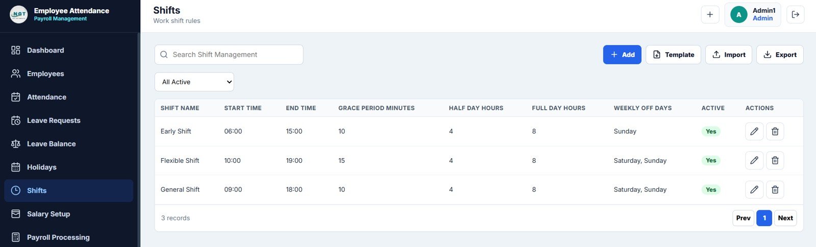 Work shifts setup page for employee attendance system