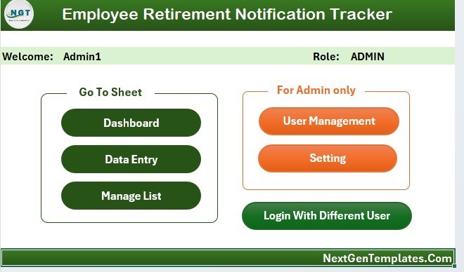 Employee Retirement Notification Tracker in Excel - Login Form