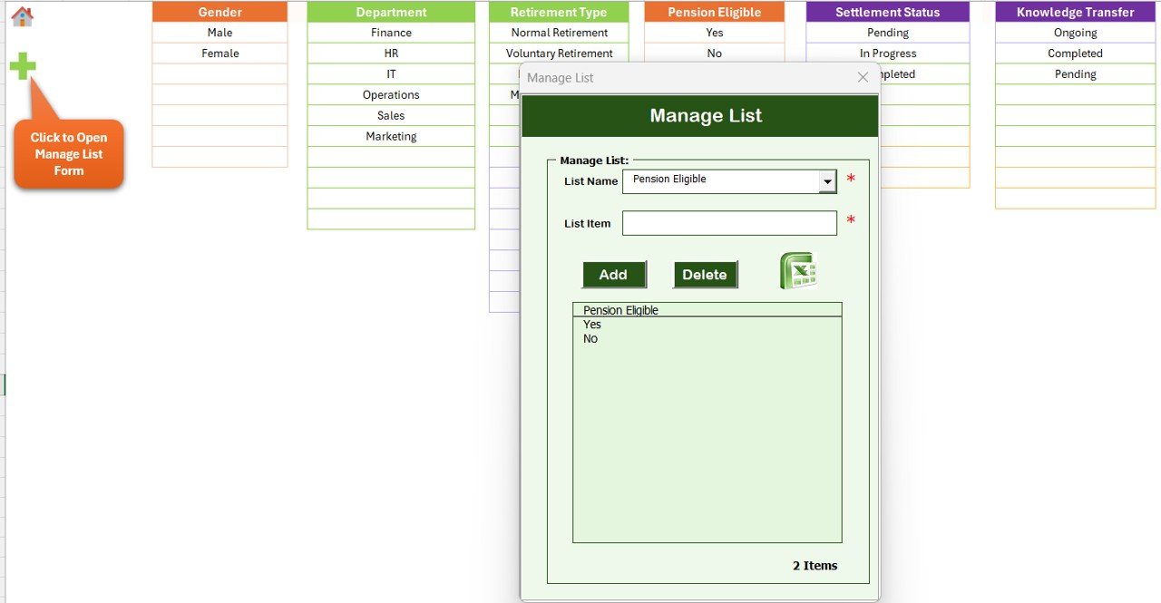 Employee Retirement Notification Tracker in Excel - Data Entry Form