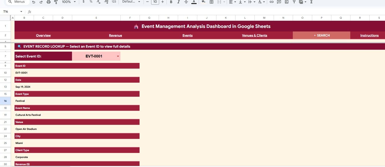Event Management Analysis Dashboard in Google Sheets - Search Sheet