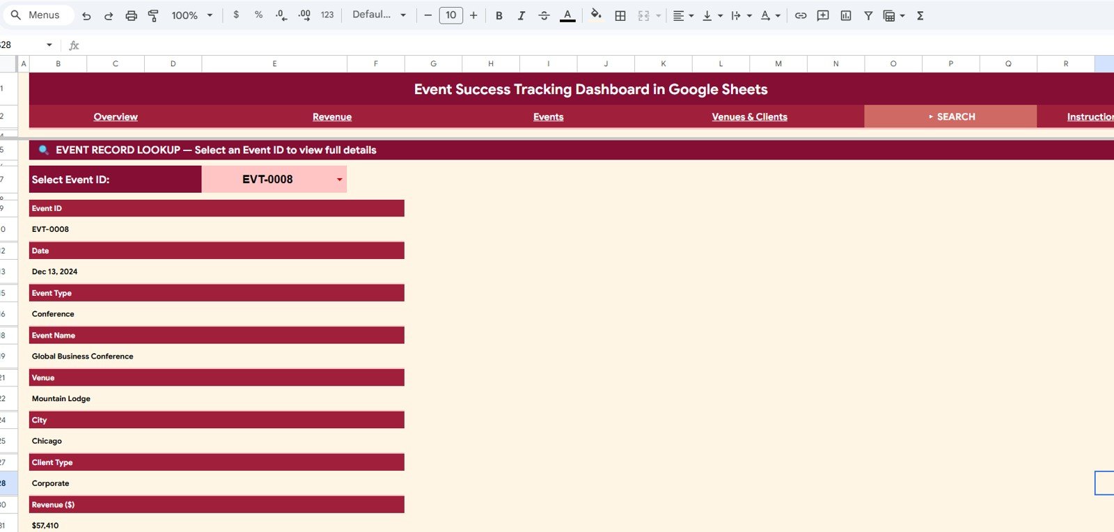 Search Sheet tab in Event Success Tracking Dashboard in Google Sheets