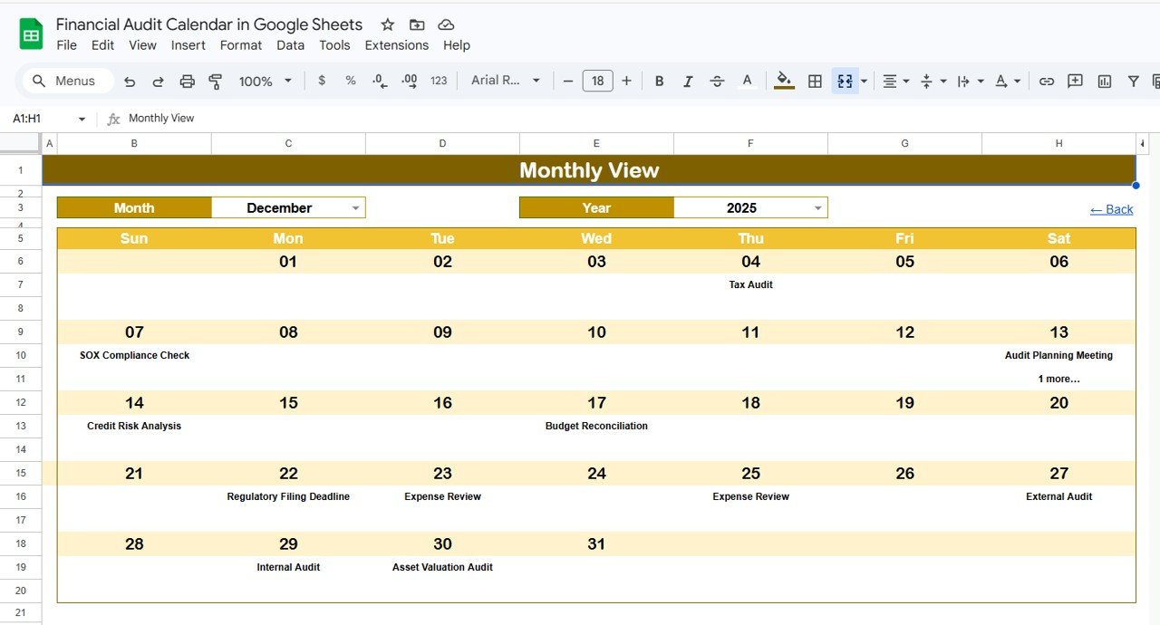 Financial Audit Calendar - Monthly View Sheet