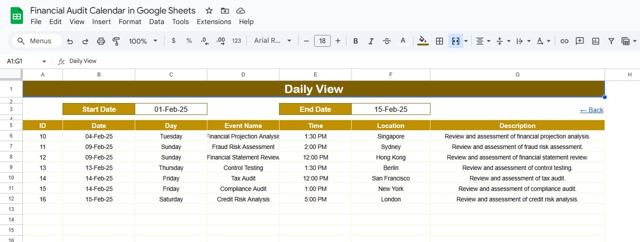 Financial Audit Calendar - Daily View Sheet